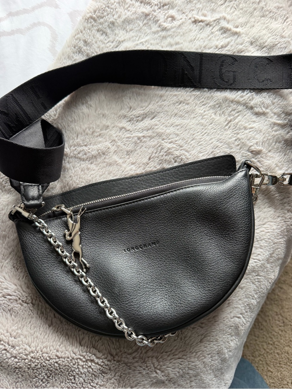 Longchamp Black Leather Crescent Crossbody Smile Bag